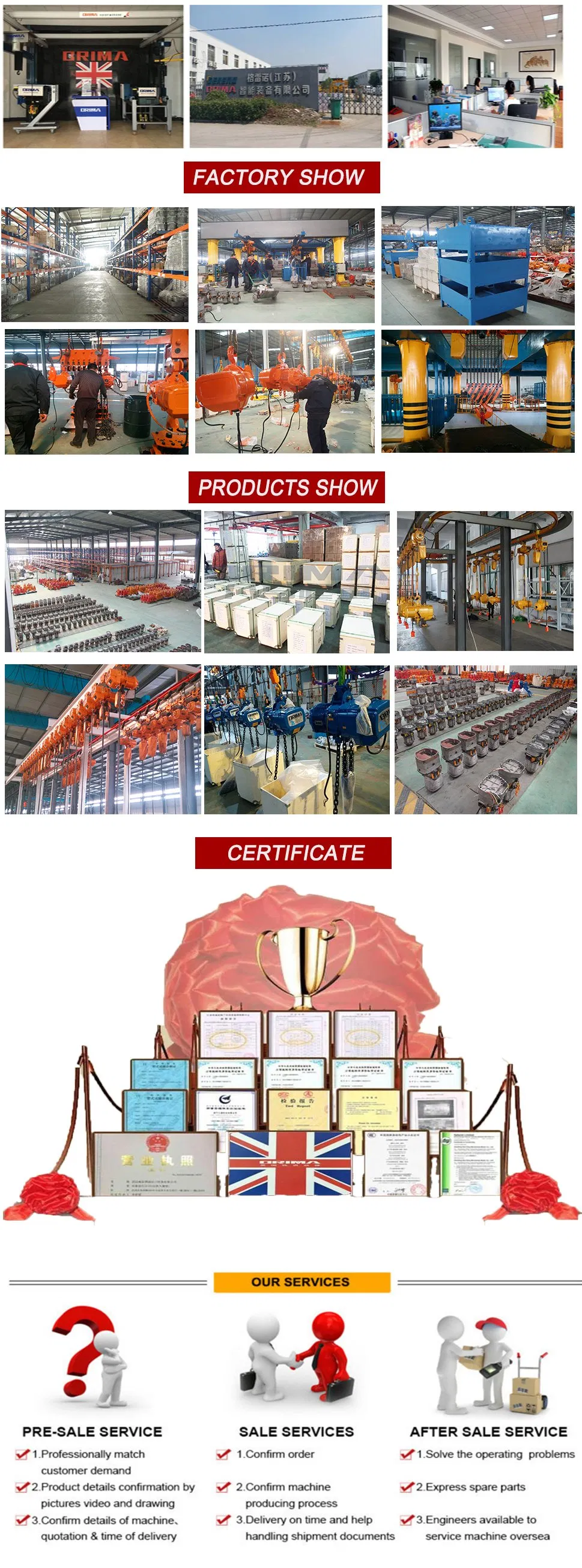 1000kg 2 Chain Falls Double Speed Electric Chain Hoist with Electric Trolley