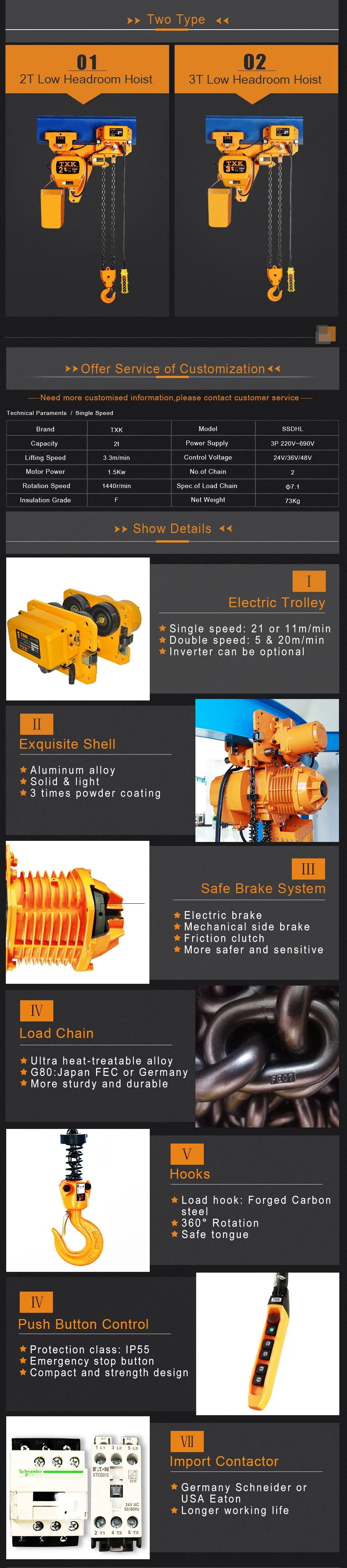 1t Txk Brand Low Headroom Electric Chain Hoist with Schneider Contactor