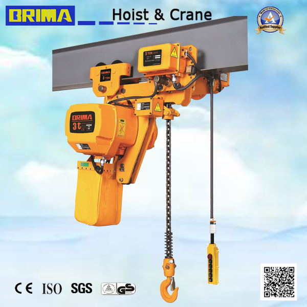 3t 2 Falls Double Speed Electric Chain Hoist with Manual Trolley Overhead Crane