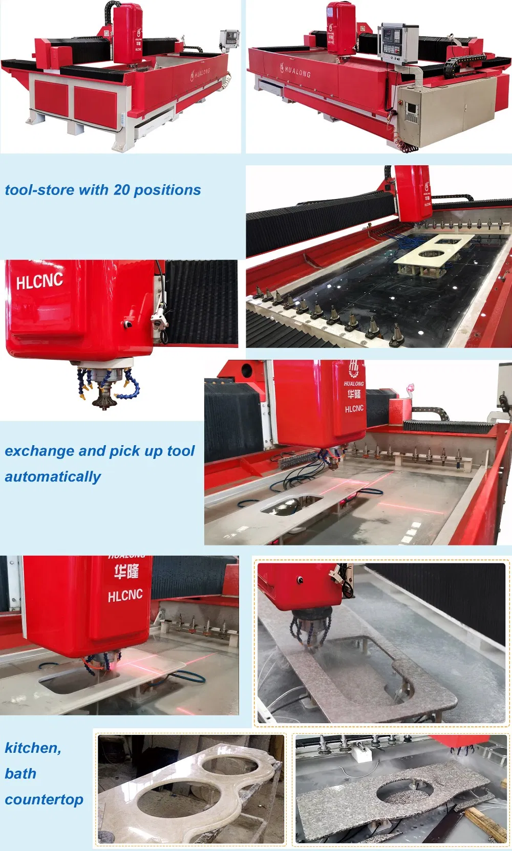 Hualong Hlcnc-3319 3 Axis CNC Center Stone Machining Center Specially Designed for Sanitary Countertop CNC Control System Standard