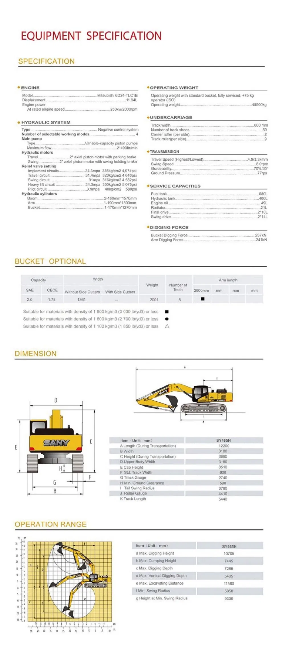 SANY SY465H 45 Ton Mining Excavator Manufacturer China