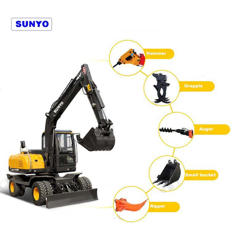 Sunyo Brand Sy75W Model Wheel Excavator Is Hydraulic Excavator as Mini Loaders, Mini Excavators, and Crawler Excavator.