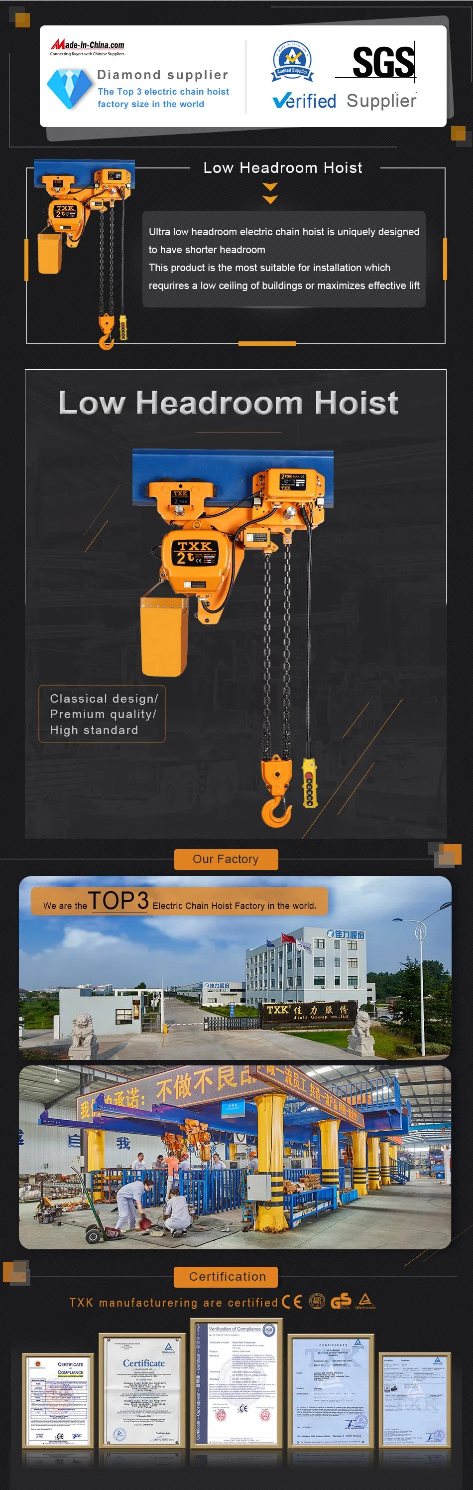 Txk 0.5 Ton 1 Chain Single Speed Ultra Low Headroom Hoist