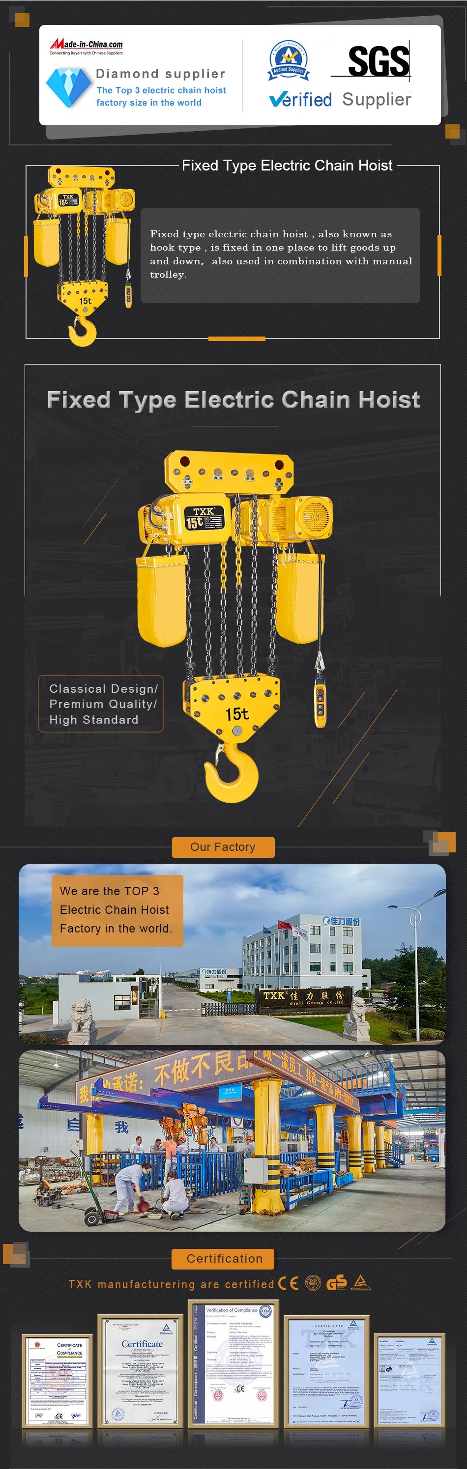 Txk Brand Factory Wholesale Most Popular Electric Chain Block Hoist 15 Tonne