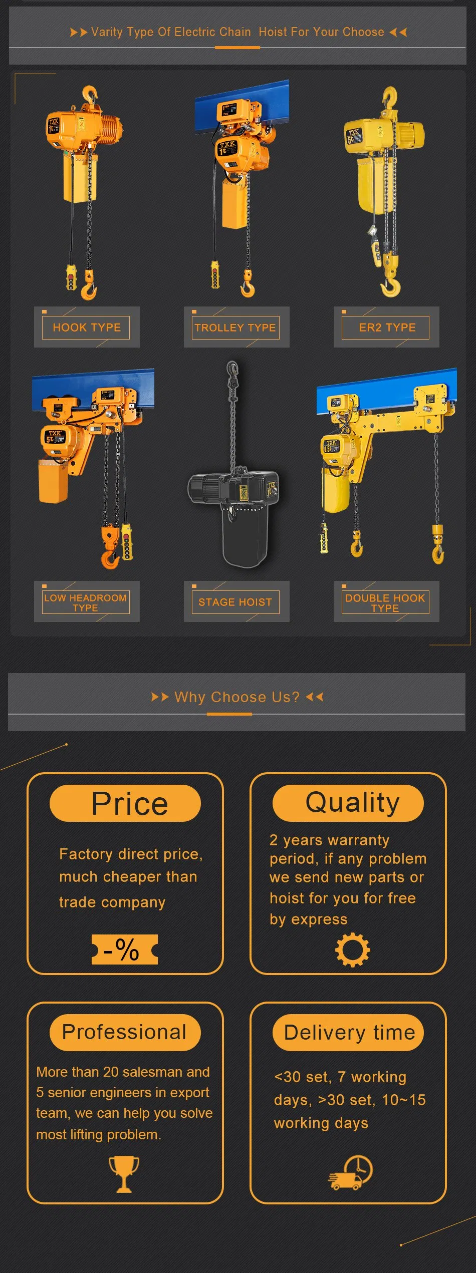 Txk Brand Factory Wholesale Most Popular Electric Chain Block Hoist 15 Tonne